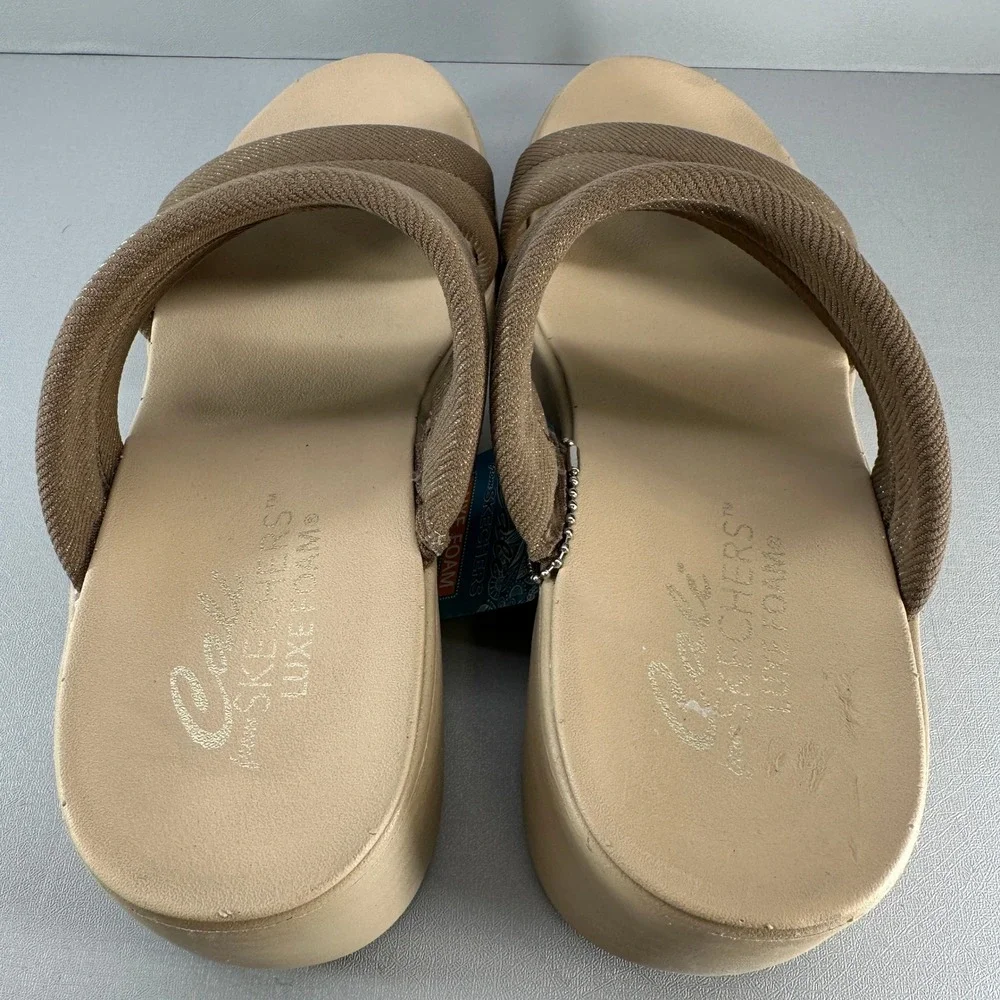 Skechers Sandals Women 10 Mocha‎ Brown Platform Wedge Luxe Foam Slide NEW 119415